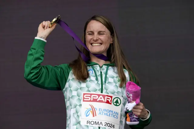 old medalist Ciara Mageean of Team Ireland celebrates during the medal ceremony for the Women’s 1500 during day four of the 26th European Athletics Championships