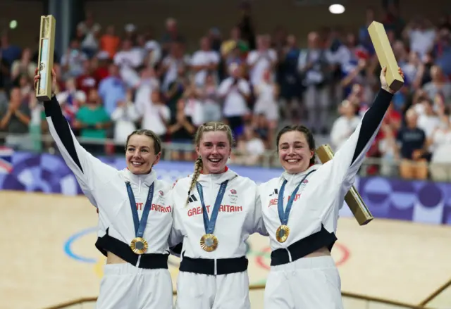 Gold medalists Katy Marchant, Sophie Capewell and Emma Finucane of Team Great Britain