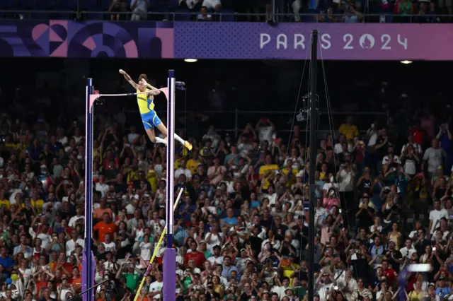 Gold medalist Armand Duplantis of Sweden sets a new world record during the Men's Pole Vault Final