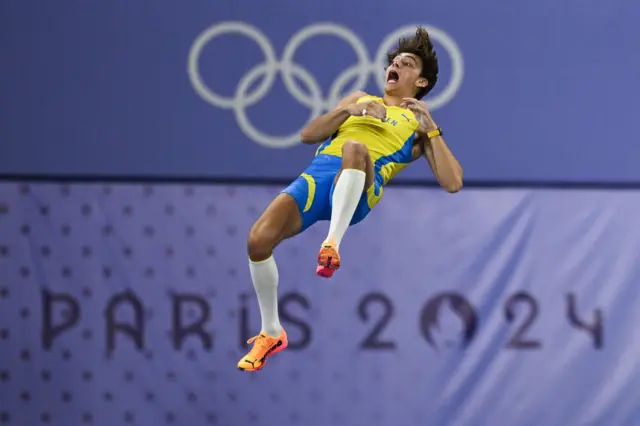 Gold medalist Armand Duplantis of Sweden sets a new world record during the Men's Pole Vault Final