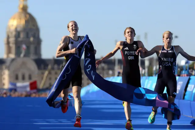 The finish of the mixed team relay triathlon at the 2024 Paris Olympics