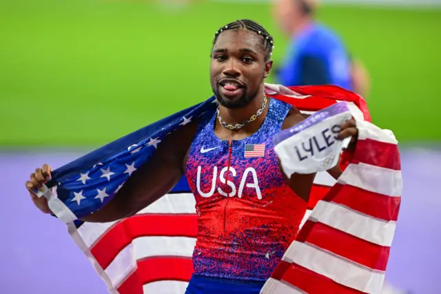 Noah Lyles after winning 100m gold at the Paris Olympics