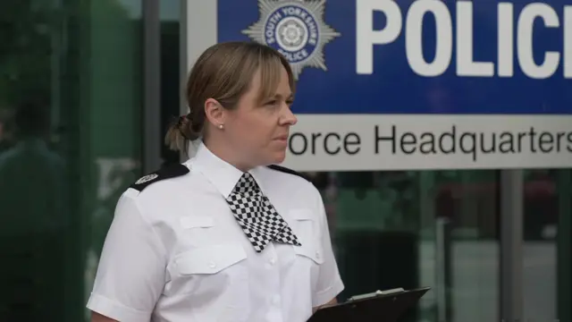 South Yorkshire Police's Lindsey Butterfield talks to reporters outside the force's HQ