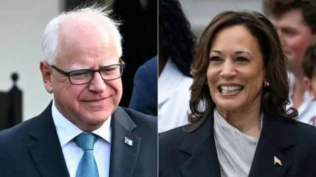 A composite image that includes Tim Walz and Kamala Harris