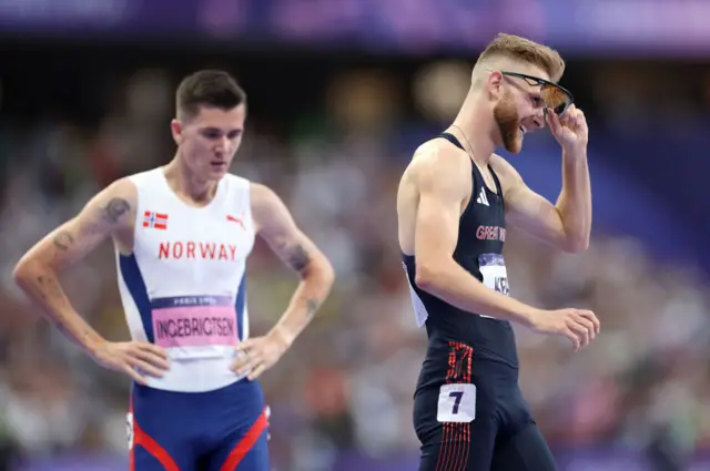 Kerr smiles as he celebrates silver, Ingebrigsten stands with hands on hips