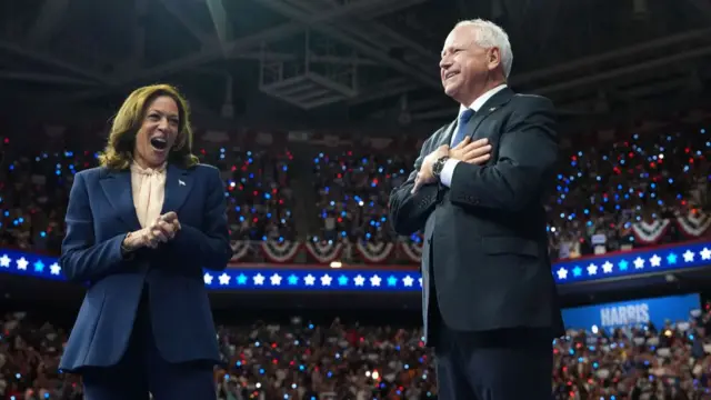 Democratic presidential candidate, U.S. Vice President Kamala Harris and Democratic vice presidential candidate Minnesota Gov. Tim Walz appear on stage together during a campaign event at Girard College on August 6, 2024 in Philadelphia,