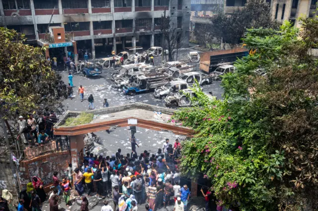 A photo, taken from above, of a burnt out police station in Bangladesh