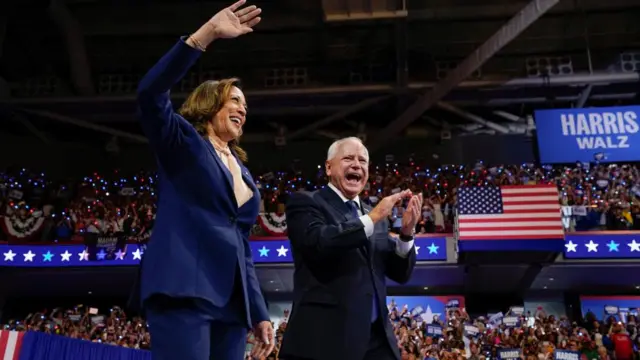 U.S. Vice President and Democratic presidential candidate Kamala Harris holds a campaign rally with her newly chosen vice presidential running mate Minnesota Governor Tim Walz in Philadelphia, Pennsylvania, U.S., August 6, 2024.