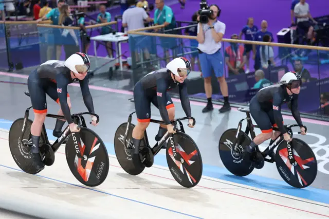 Katy Marchant, Sophie Capewell and Emma Finucane during the women's team sprint qualifying