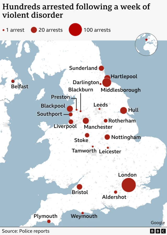 Map of UK showing where arrests have taken place