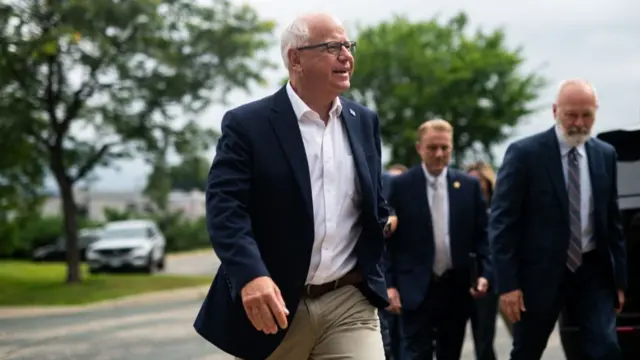 Minnesota Governor Tim Walz arrives to speak at a press conference regarding new gun legislation at City Hall on August 1, 2024 in Bloomington, Minnesota