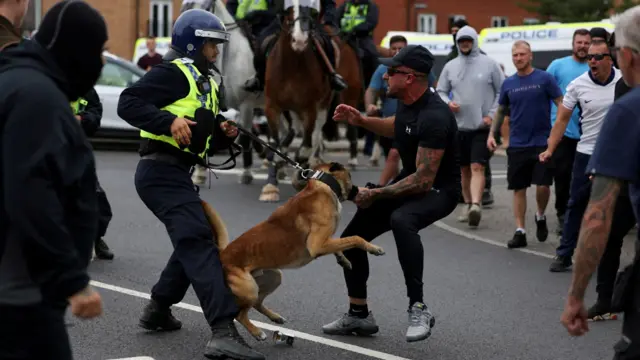 A police dog bites a protester in Rotherham on Sunday