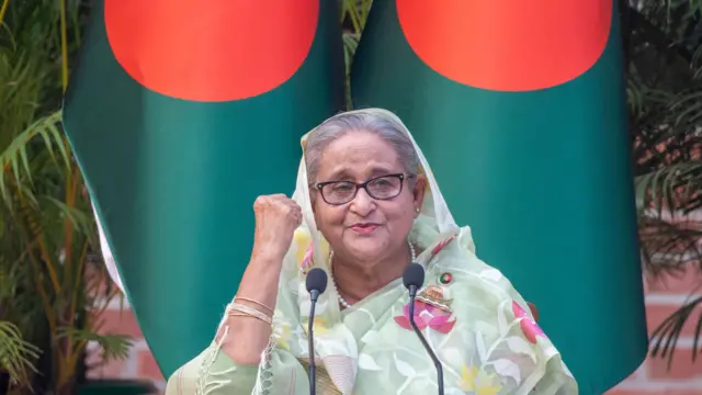 Bangladesh Prime Minister Sheikh Hasina addressing a meeting with foreign observers and journalists in Dhaka, Bangladesh.