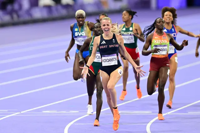 Keely Hodgkinson crosses the finish line