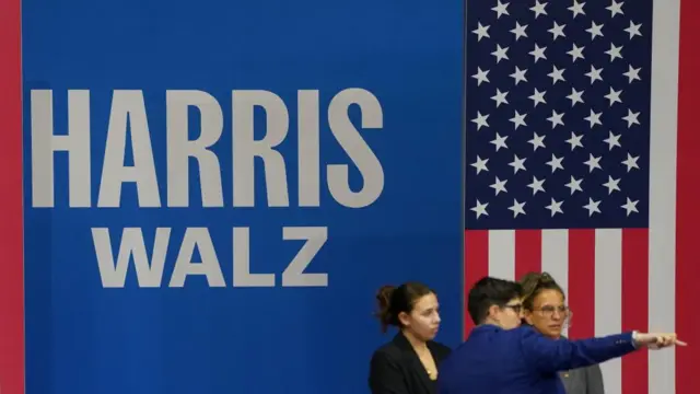 Campaign workers make preparations for U.S Vice President and Democratic presidential candidate Kamala Harris' rally with her newly chosen vice presidential running mate Minnesota Governor Tim Walz, in Philadelphia, Pennsylvania, U.S., August 6, 2024.