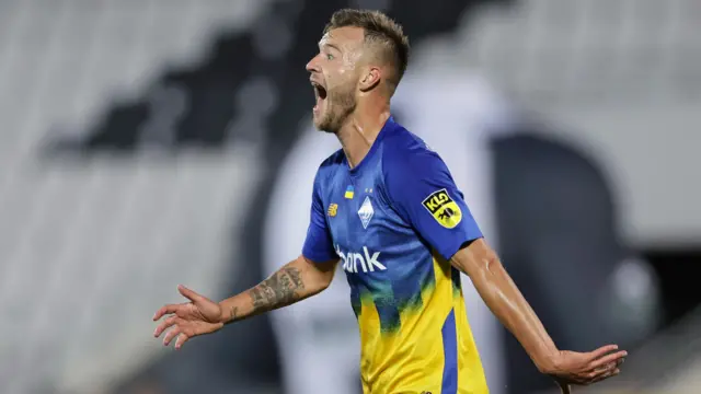 Andriy Yarmalenko celebrates scoring against Partizan