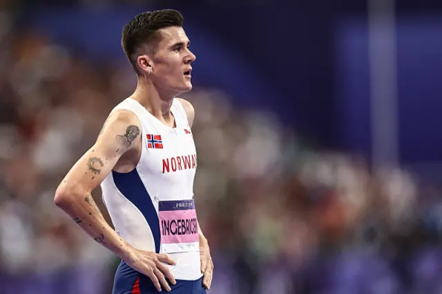 Jakob Ingebrigtsen reacts after competing in the men's 1500m final