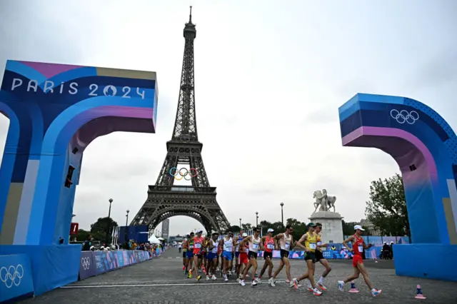 The race walk relay with the Eiffel Tower in the background