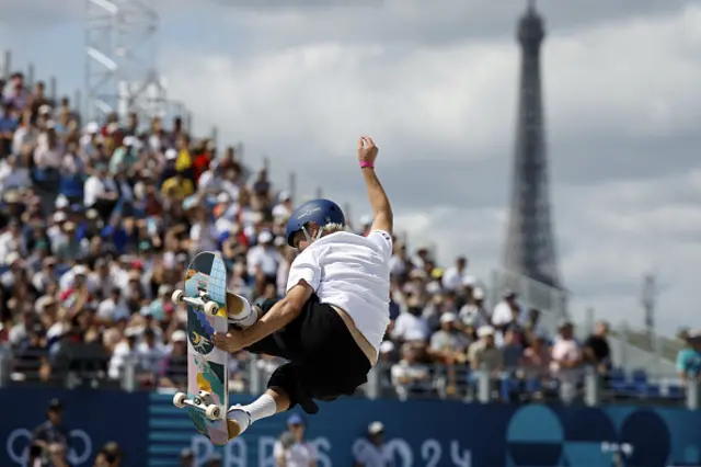 Italy's Alessandro Mazzara competes in the men's park skateboarding