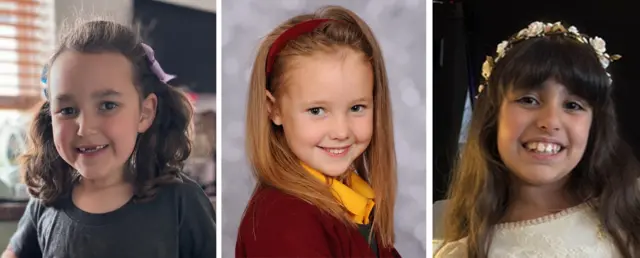 Close up headshots of the three victims of the Southport attack. (Left to right) six-year-old Bebe King, seven-year-old Elsie Dot Stancombe and Alice Dasilva Aguiar, nine.