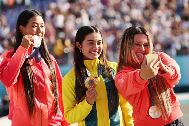 Gold medalist Arisa Trew of Team Australia (C), Silver medalist Cocona Hiraki of Team Japan (L) and Bronze medalist Sky Brown