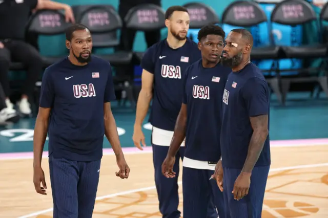 : Kevin Durant, Stephen Curry, Anthony Edwards, and Lebron James of Team United States