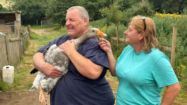 Mike Duxbury and Ness Shillito hold a goose on the farm