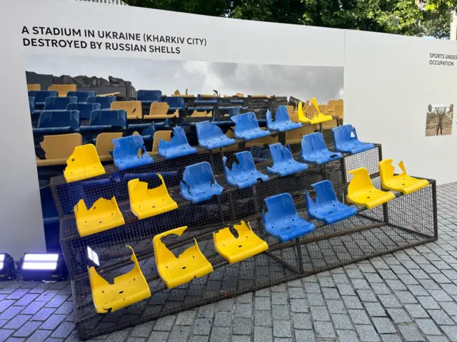 Part of a Ukrainian sport stadium destroyed by Russian attacks