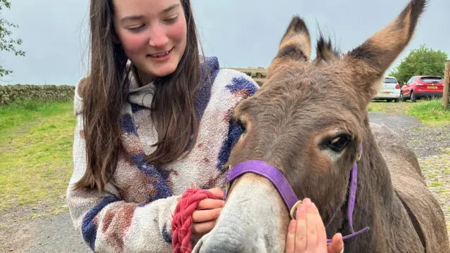 Katie puts her hands around the face of a donkey