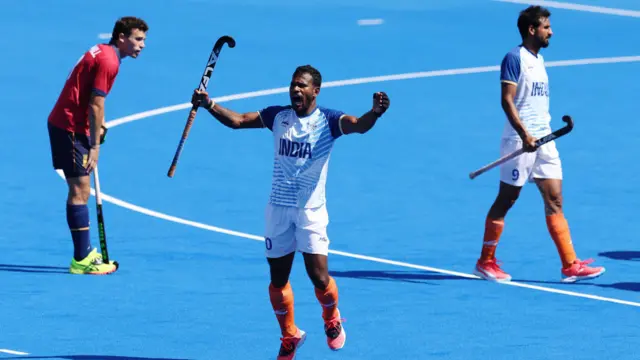 Amit Rohidas of Team India celebrates victory in the Men's Bronze Medal match