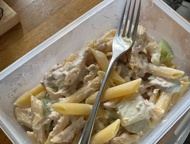 Pasta and other food in a bowl