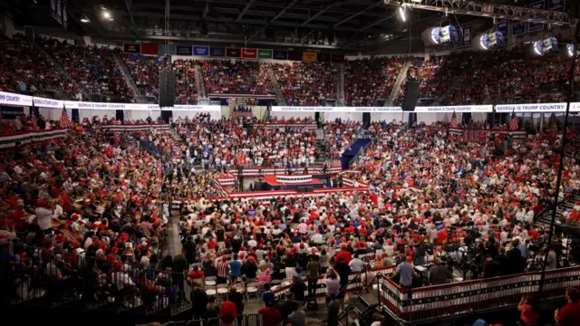 Republican presidential nominee and former U.S. President Donald Trump speaks during a campaign rally held with Republican vice presidential nominee Senator JD Vance, in Atlanta, Georgia, U.S., August 3, 2024.