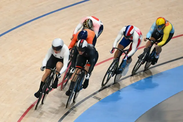 Hetty van de Wouw, Belgium's Nicky Degrendele, France's Mathilde Gros, Germany's Emma Hinze, Britain's Katy Marchant, Japan's Riyu Ohta compete in the women's track cycling keirin semi-final