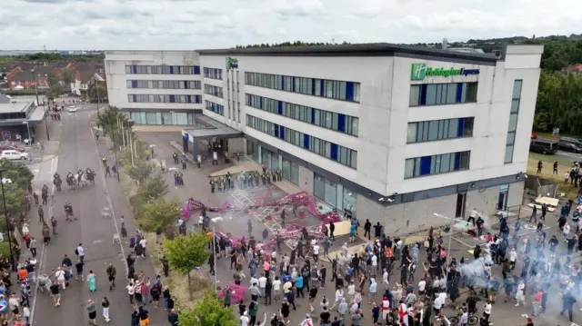 An areal view of the anti-immigration demonstration at the Holiday Inn Express in Rotherham