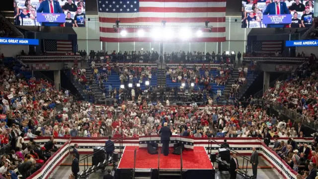 Republican presidential candidate Donald J. Trump speaks during a campaign rally at the Georgia State Convocation Center in Atlanta, Georgia, USA, 03 August 2024. Donald J. Trump and JD Vance hold campaign rally in Georgia, Atlanta, USA - 03 Aug 2024