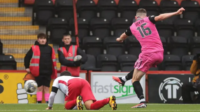 Ayr United's Anton Dowds scores to make it 2-0 during a cinch Championship match between Airdrieonians and Ayr United at the Excelsior Stadium, on October 07, 2023, in Airdrie, Scotland. (Photo by Ewan Bootman / SNS Group)