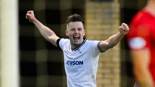 Ayr's Anton Dowds celebrates scoring to make it 4-0 during a William Hill Championship match between Ayr United and Airdrieonians at Somerset Park, on August 09, 2024, in Ayr, Scotland. (Photo by Rob Casey / SNS Group)