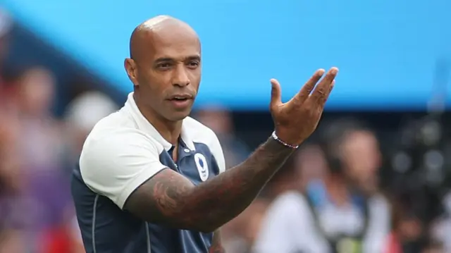 France coach Thierry Henry looking disappointed as he signals to his players as they play Spain in the men's football final at the Paris 2024 Olympics