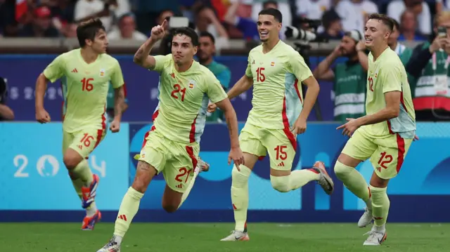 Sergio Camello celebrates scoring for Spain against France in the men's football final at the Paris 2024 Olympics