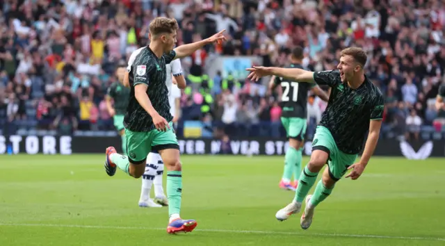 Oliver Arblaster of Sheffield United celebrates with Harrison Burrows after scoring their first goal during the Sky Bet Championship match between Preston North End FC and Sheffield United FC at Deepdale