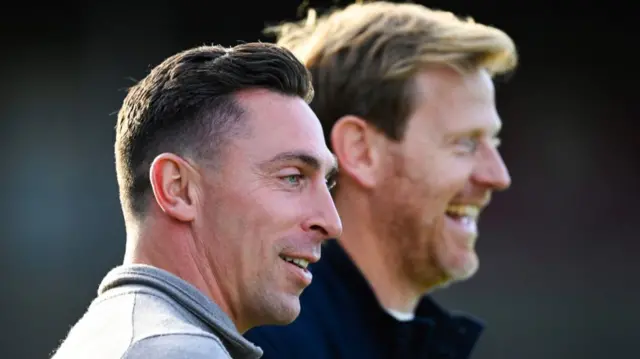 Ayr Head Coach Scott Brown (L) and Michael Stewart (R) pre-match during a William Hill Championship match between Ayr United and Airdrieonians at Somerset Park, on August 09, 2024, in Ayr, Scotland. (Photo by Rob Casey / SNS Group)