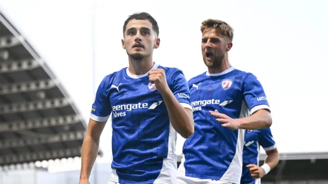 Armando Dobra of Chesterfield celebrates after scoring the team's first goal