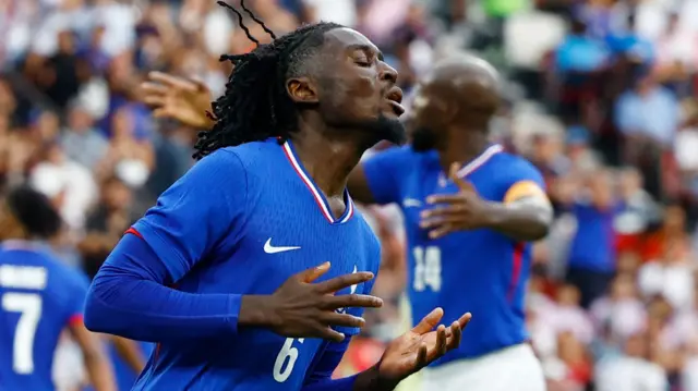 Manu Kone looking disappointed as France play Spain in the men's football final at the Paris 2024 Olympics