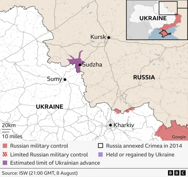 A map of Ukraine and Russia showing the Institute for the Study of War's estimate for the extend of the Ukrainian advance