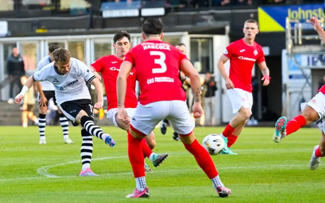 : Ayr's Jay Henderson (R) celebrates scoring to make it 1-0 with teammate Frankie Musonda (L) during a William Hill Championship match between Ayr United and Airdrieonians at Somerset Park, on August 09, 2024, in Ayr, Scotland. (Photo by Rob Casey / SNS Group)