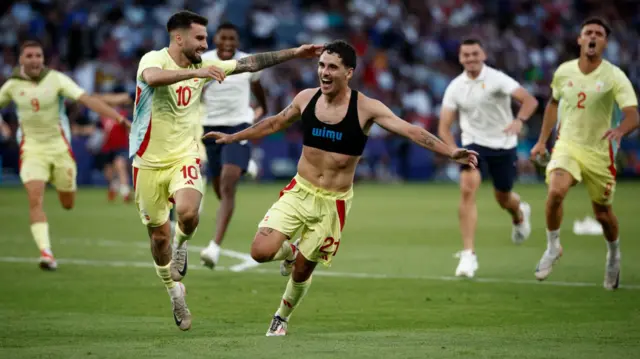 Sergio Camello celebrates after scoring for Spain against France in the men's football final at the 2024 Paris Olympics