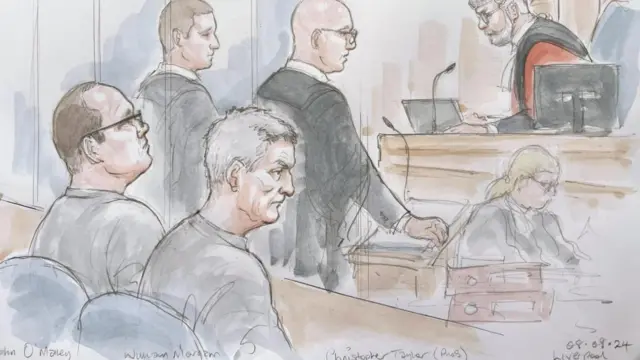 John O'Malley (bottom left) and William Nelson Morgan (right) in a court illustration.