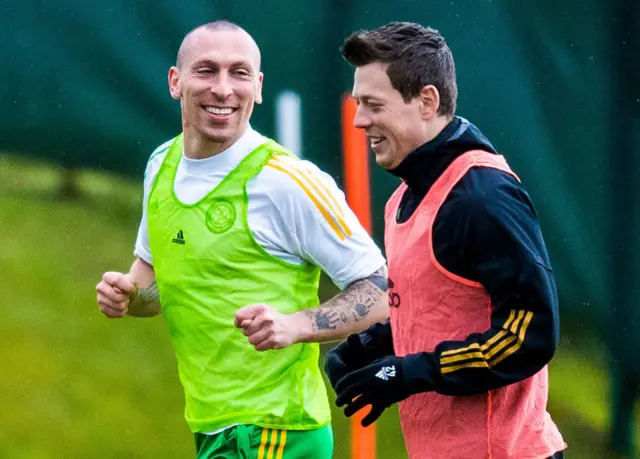 Scott Brown (L) and Callum McGregor during a Celtic training session at Lennoxtown on February 05, 2021, in Glasgow, Scotland. (Photo by Ross Parker / SNS Group)