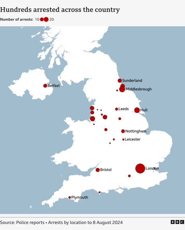 A map of the arrests that have taken place across the country is seen from above