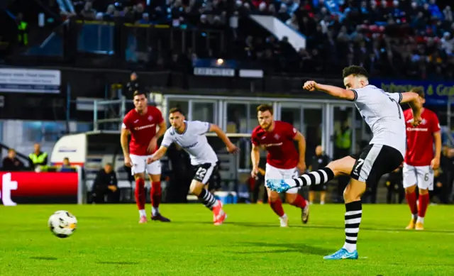 Ayr's Anton Dowds scores a penalty to make it 5-0 during a William Hill Championship match between Ayr United and Airdrieonians at Somerset Park, on August 09, 2024, in Ayr, Scotland. (Photo by Rob Casey / SNS Group)